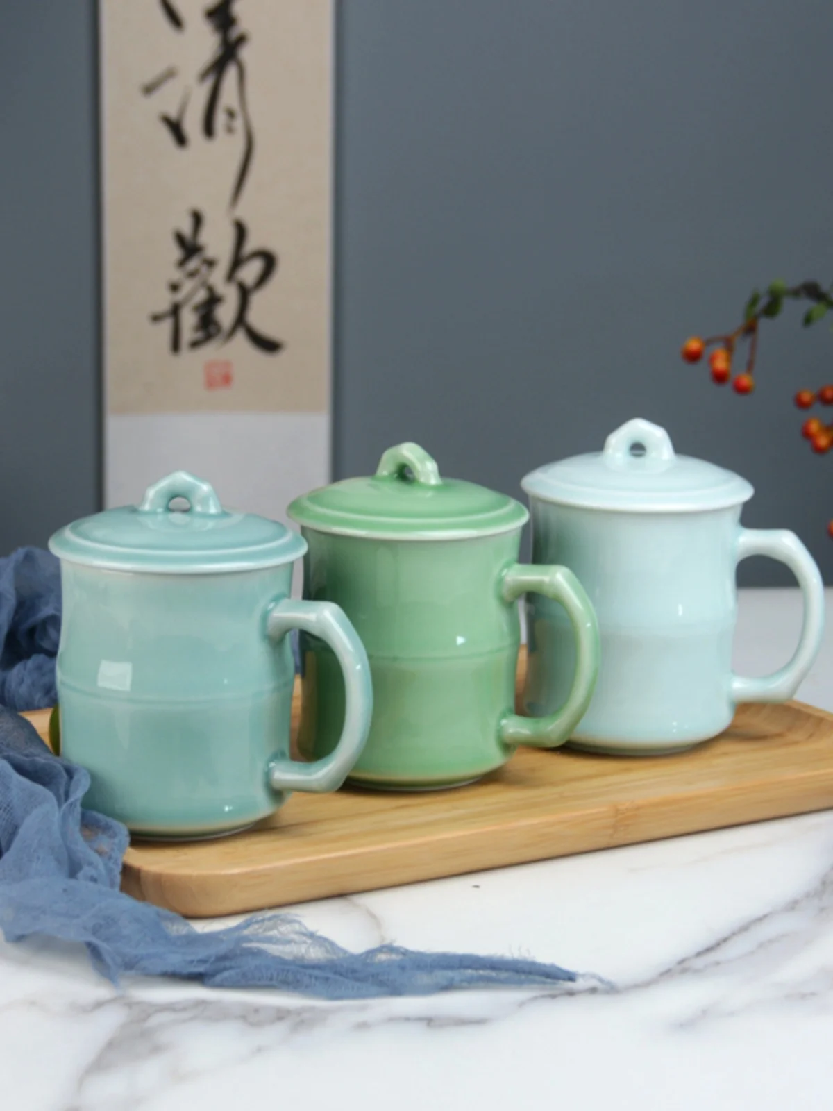 Celadon teacup with lid and ha - مراجعة Celadon Ceramic Cup وسعره